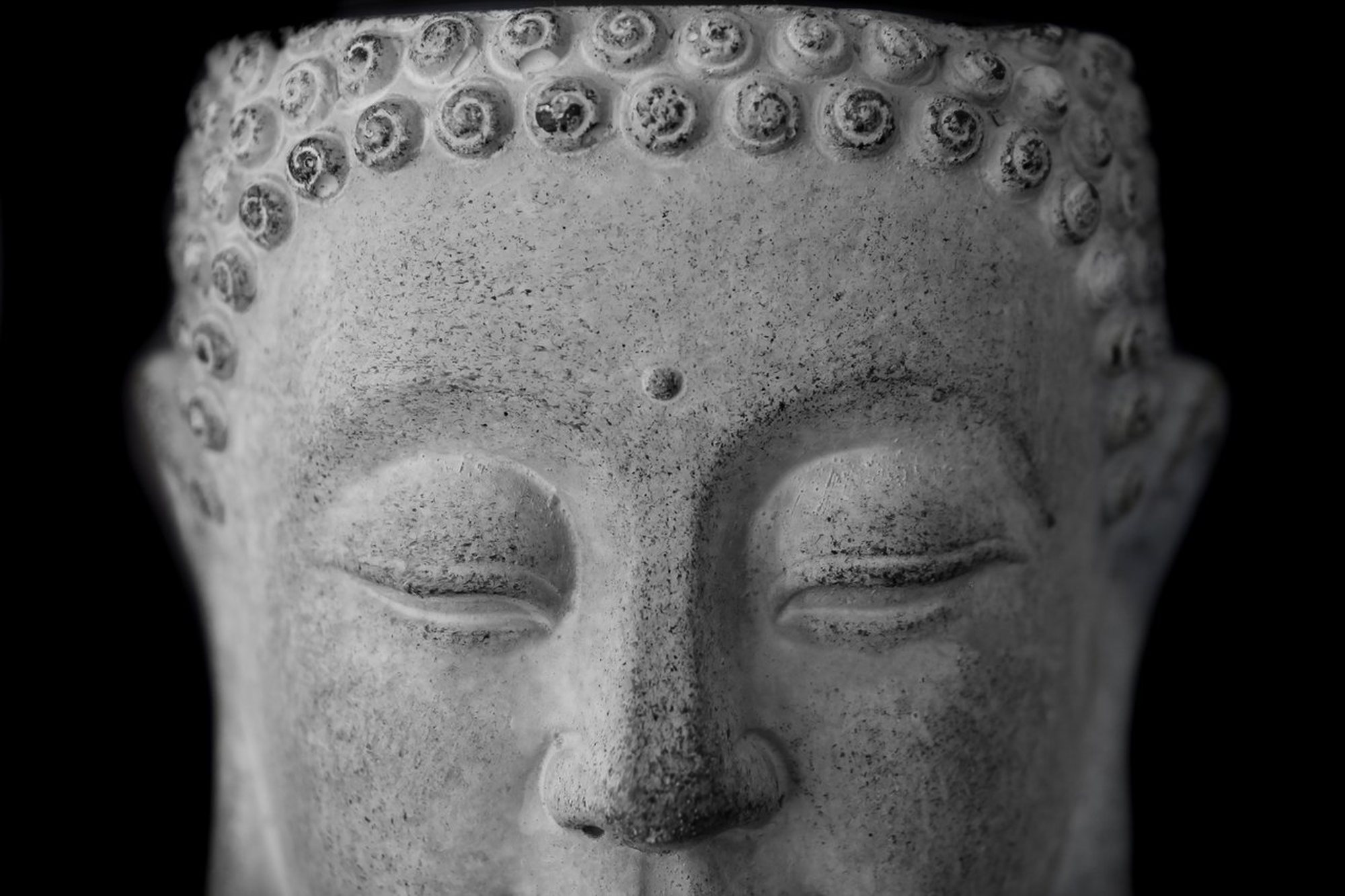 The carved face of a stone Buddha in soft monochrome light